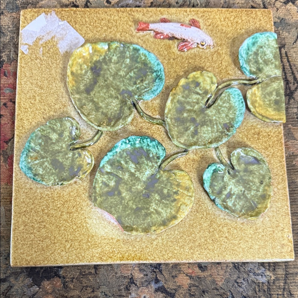 Artistic Ceramic Tile with Lily pad and Koi Design